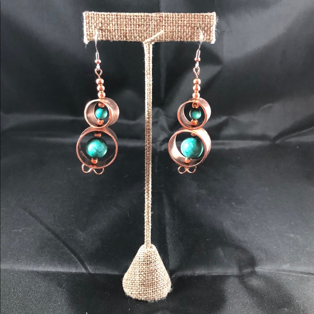 Brushed Copper Turquoise Dangle Earrings B-11-49